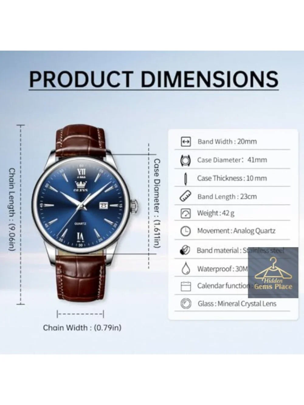 Men's Leather Strap Watch Quartz Analog 41mm Water Resistant Dress Timepiece